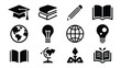 © PRITOM - Educational icons featuring graduation cap books pencil globe lightbulb and reading symbols in minimalist black silhouette style