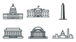© Juliansyah - Washington DC skyline vector icons set with thick dark line art style showing famous USA government buildings like capitol white house and lincoln memorial for patriotic designs