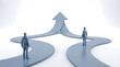 © Ofie - Two business people standing on converging paths merging into one large upward arrow on white background, 3d render conceptual style