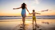© MA GRAPHICS - Mother and Son Running Hand in Hand on Tropical Beach at Sunset Summer Vacation