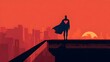 © mamaslian - Superhero Standing Tall Above City Skyline at Sunset, Powerful Protector with Heart Symbol on Chest, Love and Hope Emblem, Brave Guardian Watching Over Urban Landscape