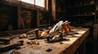 © horizon - Dusty carpenter workbench covered in curly wooden shavings and vintage iron hand planes beautifully catches warm directional afternoon light.