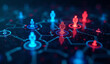 © Rhony - Digital human icons glow blue and red on a dark circuit board. Networked people connect in a futuristic cyberspace.