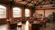 © horizon - Soft morning light filters through large warehouse windows illuminating empty distressed leather chairs arranged for collaborative sessions.