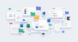 © Felisha - A collection of business documents and folders with various colorful icons and graphs on a light gray background, showcasing a mix of digital and physical office supplies.