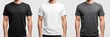 © MuzammilZia - Three Men in Blank T-Shirts: White, Black, and Heather Gray Plain Apparel Mockup for Customizable Design and Branding on a Clean Background
