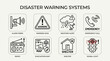 © StarkCapture  - Emergency preparedness icon set with alarm siren, warning sign, weather alert, emergency call, radio, evacuation map, shelter, and signal light, drawn in black-and-white line art, symbolizing crisis r