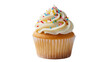 © Maros - Creamy frosted cupcake with pink yellow green, blue sprinkles atop a pleated paper liner