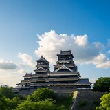 Majestic Japanese Castle Amidst Lush Greenery Under Blue Sky.