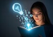 © SOMENA BEGUM - A young woman reading a book with a bright idea and lightbulbs