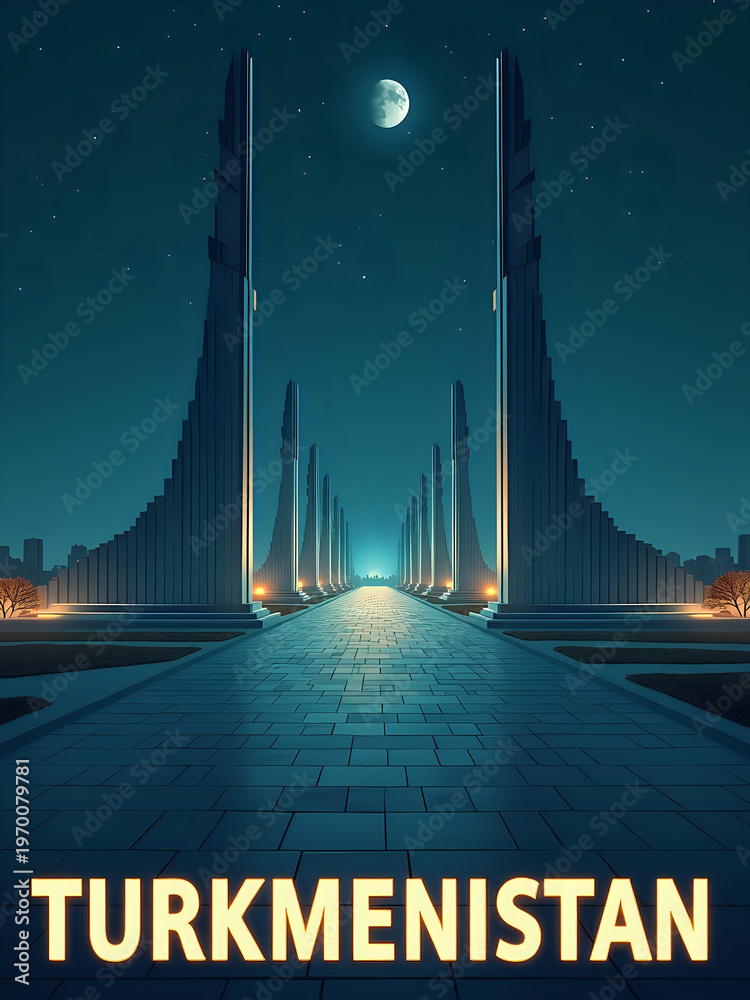 A wide pathway leading to tall structures lit up in Turkmenistan. The moon is visible in the dark sky with stars in the background. The atmosphere feels quiet.