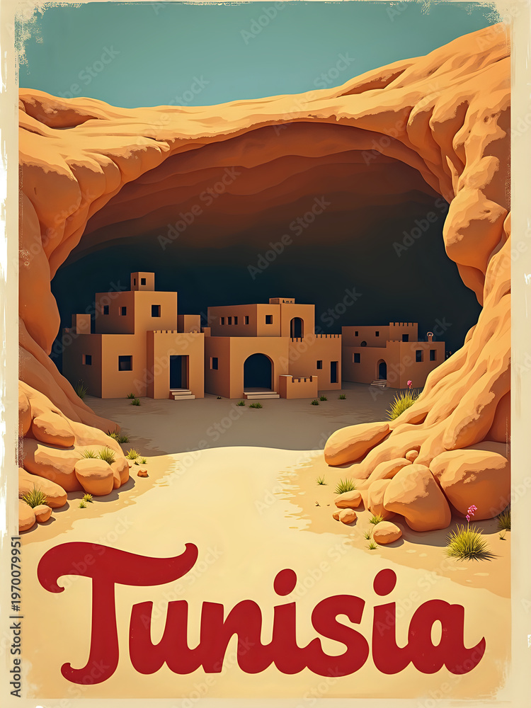 A desert cave in Tunisia shows traditional buildings with soft golden hues. The entrance frames an open landscape, and the sunlight casts shadows on the sandy ground.