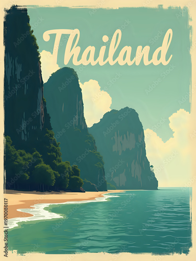 A coastline in Thailand with tall mountains rising from the water. The sandy beach is quiet, and clouds fill the sky. The water is clear and calm, reflecting the surroundings.