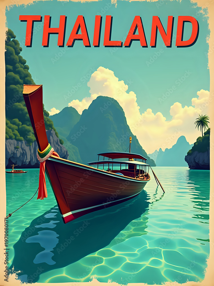 A wooden boat floats on clear blue water. Green islands rise in the background under a bright sky. This scene shows the beauty of Thailands coastline during the day.