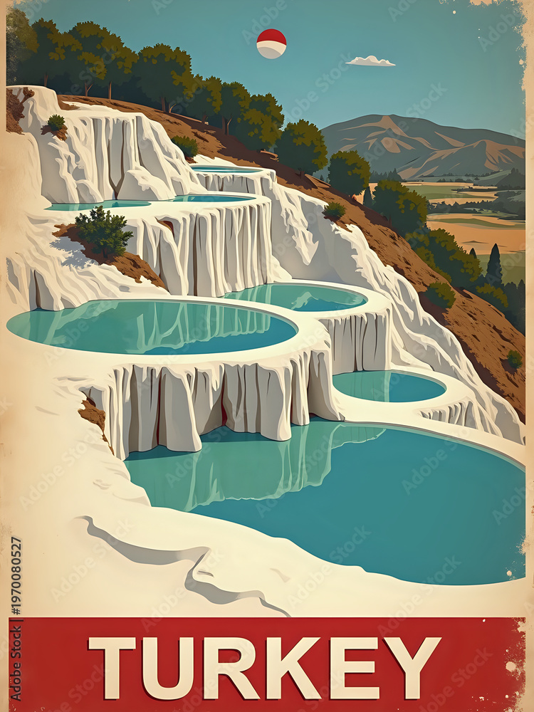 Pamukkale in Turkey has many white travertine terraces filled with blue water. The sun shines brightly on the landscape, showing the beauty of the natural formations and surrounding hills.