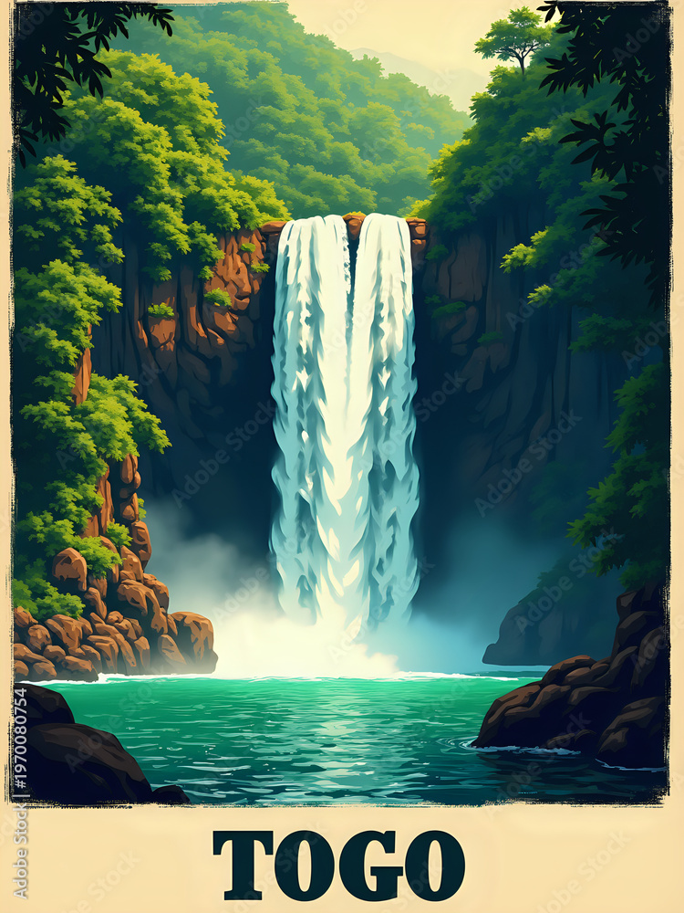 A large waterfall pours down a rocky cliff into a green lake. Surrounding trees and rocks frame the scene. This takes place in Togo, showcasing natural beauty in daylight.