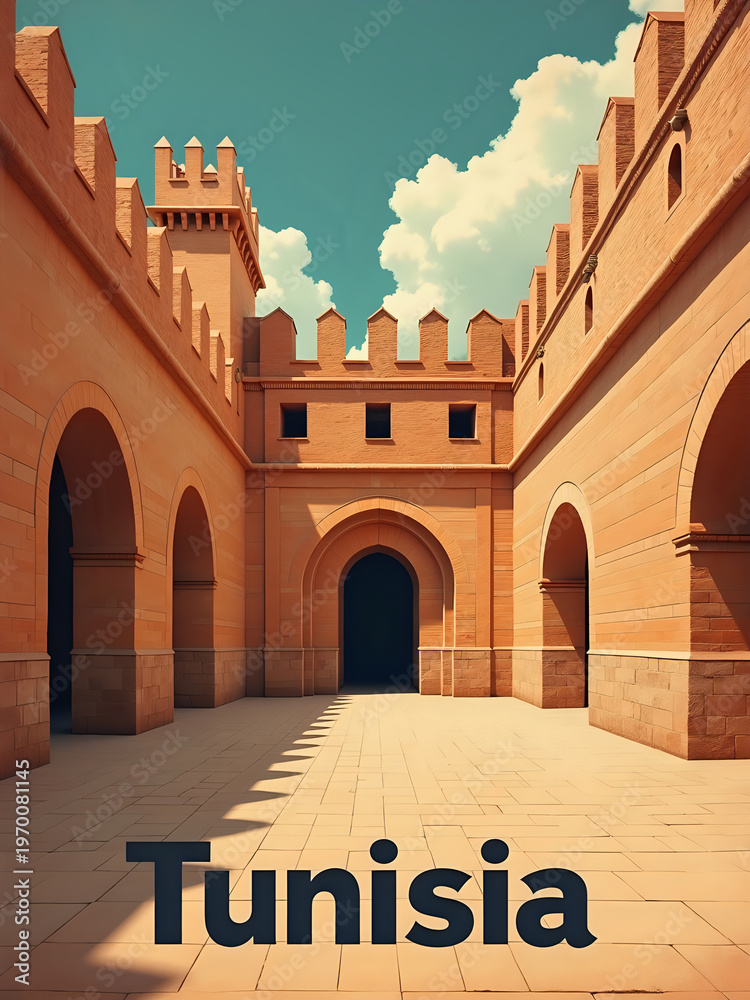 A historical site in Tunisia featuring tall walls and towers. The structure has arched doorways and a flat floor. The sky is bright with clouds. This place has a rich history.