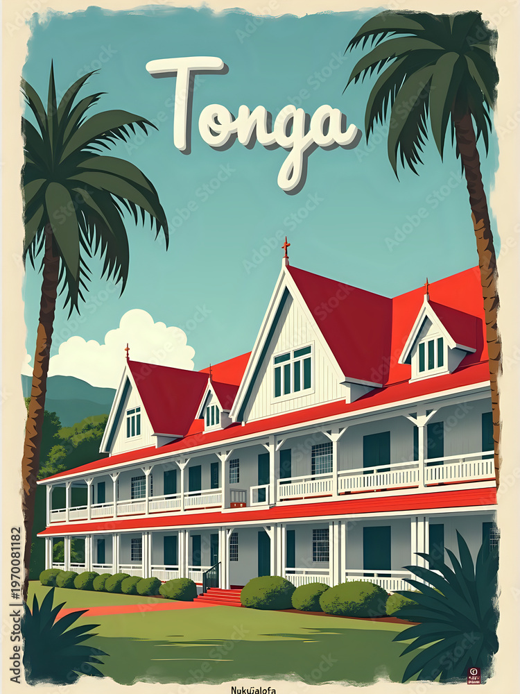 Visitors admire traditional architecture in Tonga while surrounded by palm trees and green hills. The building features red roofs and white walls and symbolizes the local culture and history.