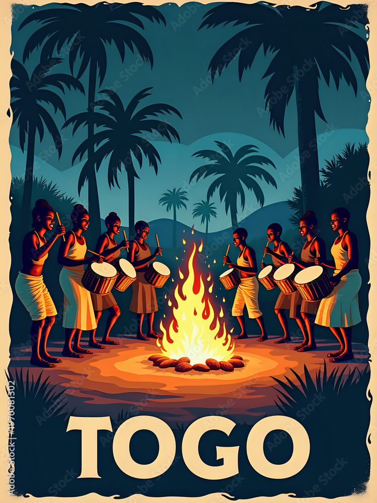 People gather around a large bonfire in Togo at night. They play drums and dance while enjoying the warmth of the fire and the surrounding nature. Palm trees are visible in the background.