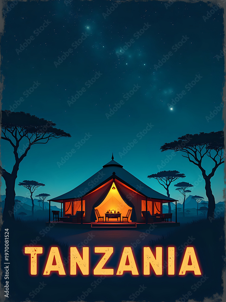 In Tanzania, a warm tent with lit interior sits under a starry night sky. Trees frame the scene, creating a tranquil atmosphere. This captures the essence of outdoor adventure and nature.