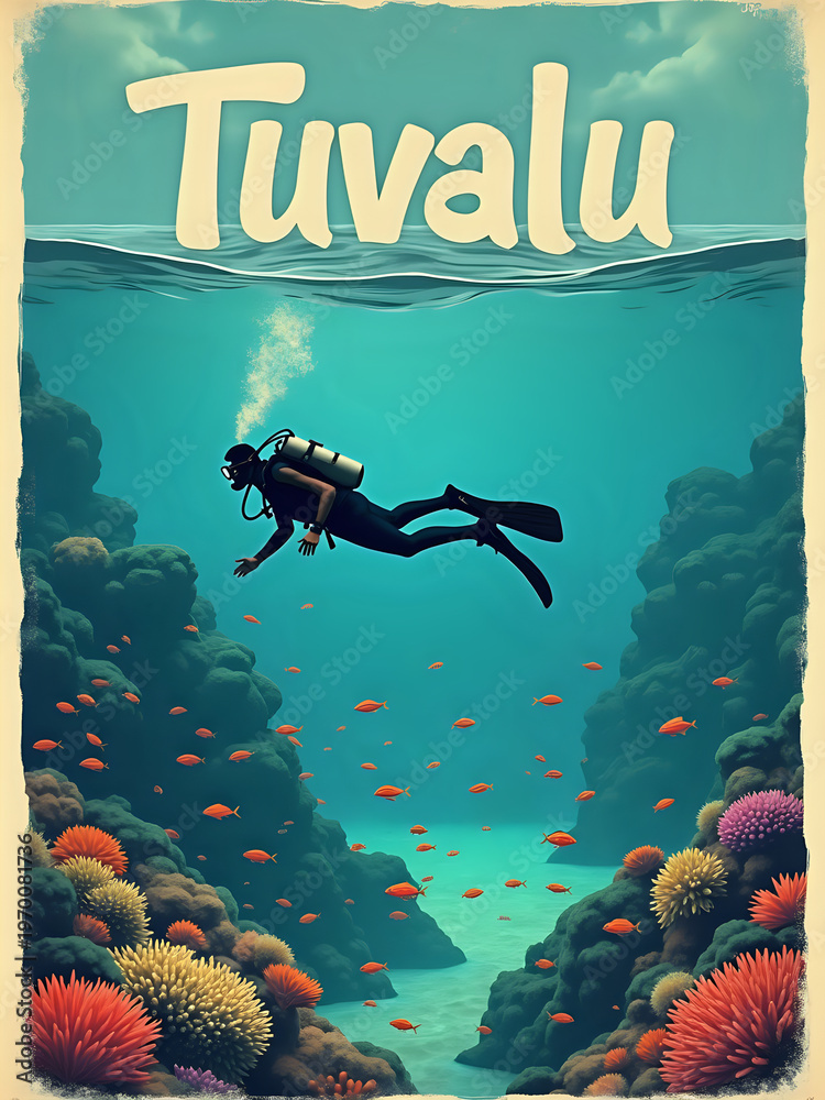 A diver explores the ocean in Tuvalu. The water is clear with bright coral and many small fish swimming around. Sunlight shines down, creating a colorful underwater scene.