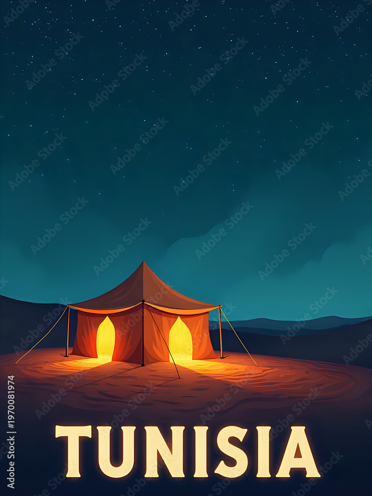 A tent stands in the desert of Tunisia with warm light shining from its entrances. The night sky is filled with stars, creating a bright view above. The scene captures the quiet of the desert.