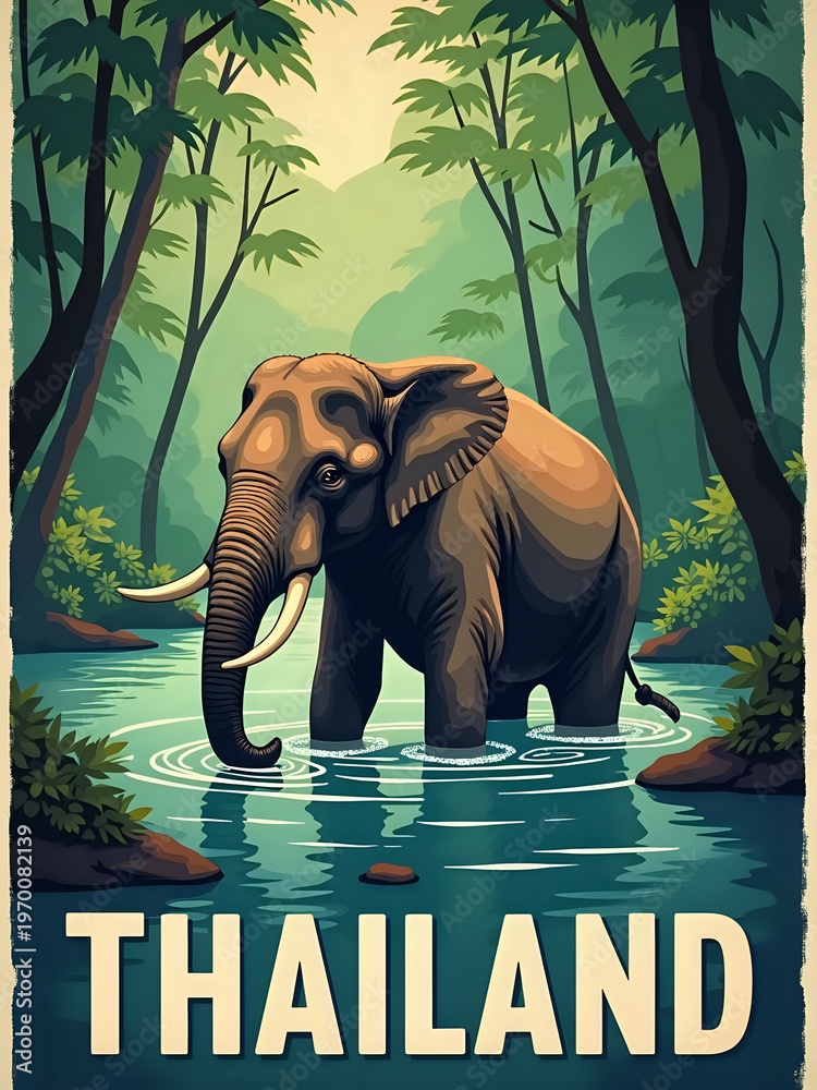 An elephant is in a body of water in a forest area of Thailand. The trunk is raised as the elephant drinks. Trees surround the water and provide shade. Sunlight filters through the leaves.