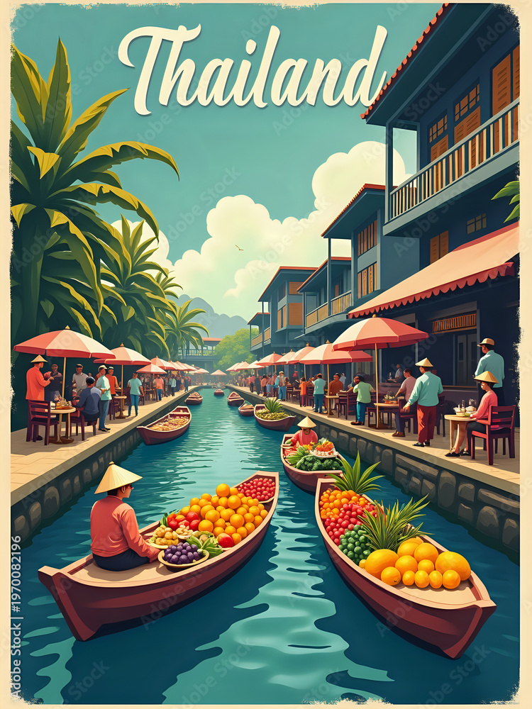 People gather along a canal in Thailand, sharing food and drinks. Boats carry fresh fruit and people chat under umbrellas. The scene shows daily life and trade in a vibrant setting.