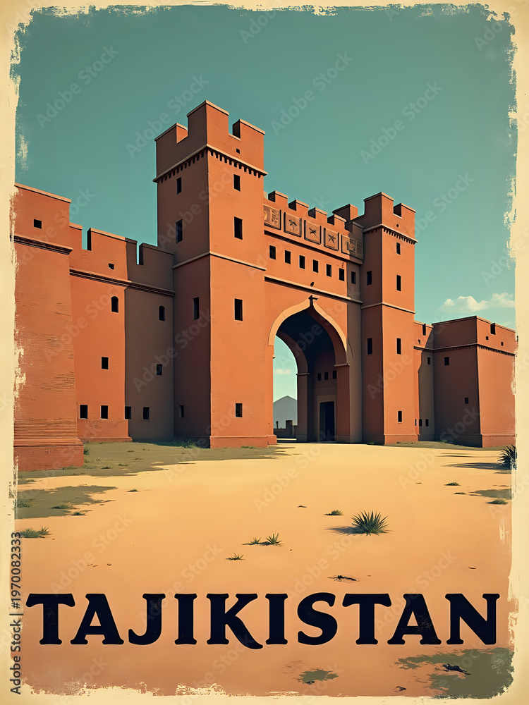 The scene shows a large fortress in Tajikistan. The structure has tall walls and towers. The ground is dry and sandy, with no visible people around. The sky is clear and blue.