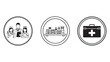 © Kanishka - Medical team, pharmacy medications, and first aid kit icons set, representing healthcare services and emergency assistance in a minimalist black and white design.