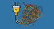 © reka - A colorful illustration of a tangled mass of electric cables plugged into a yellow power outlet on a blue background, conveying chaos and disorganizat