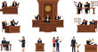 © MD - Set of Courtroom Legal Scenes with Lawyers, Judges, and Legal Professionals Engaged in Court Hearings, Presentations, and Case Investigations