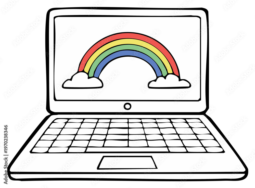 Laptop computer with a rainbow on screen for coloring book or clip art ...