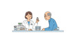 © Fahim - An illustration shows a female pharmacist holding a medicine bottle and talking to an elderly male customer at a counter.
