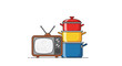 © rokeya - A vintage brown television set stands next to a tall vertical stack of colorful red yellow and blue cooking pots on a white minimalist background set.
