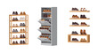 © Nure - Three different types of shoe storage solutions, including an open rack, a closed cabinet, and floating shelves, are filled with various pairs of footwear.