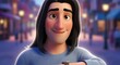 © Mohamed - Charming animated man with long brown hair and a casual blue shirt, checking his watch in a softly lit street at dusk, a friendly smile on his face