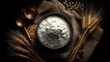 © Mariam - Flat lay ceramic bowl with white flour surrounded by wheat grains and antique brass measuring cups