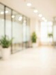 © Viktoryia - blurred bright modern office corridor with glass partitions and green plants, clean professional workplace interior, minimal background for business, corporate, healthcare, tech banners and web design