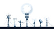 © Arno - Various dark blue silhouettes of telecommunication towers and satellite dishes stand prominently in a row under a massive glowing moon on a white background.