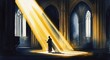© keystoker - Solitary Worshipper Bathed in Divine Light in a Majestic Cathedral, Expressing Faith and Contemplation in a Serene Atmosphere
