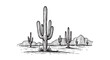 © Stock Master - Saguaro cactus field with desert mountain range. Vintage hand drawn engraving for southwestern landscape wall art.
