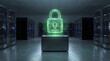 © Roy Arifin - Glowing green padlock hologram in a dark server room symbolizing digital data security and network protection.