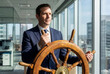 © ABAStock - A confident businessman holding a wooden ship wheel in a modern office representing leadership and direction