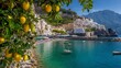 © Nasreen - Beautiful amalfi coast view on mediterranean sea with fresh lemons in foreground, colorful cliffside village, coastal mountains, blue ocean water, sunny sky, scenic italian travel destination landscap