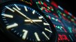 © pingpao - Close-up of a clock face with illuminated numbers and hands, overlaid with colorful, blurred stock market data in the background.