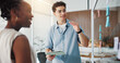 © peopleimages.com - Speaker, tablet and meeting with business man in office for research, presentation and seo workshop. Brainstorming, sticky note reminder and branding project with employee in media agency for idea