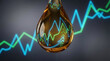 © praewpailyn - Oil price chart energy market graph droplet finance inflation volatility concept oil shock shown by golden droplet with glowing line chart and rising graph dark background conveying energy market