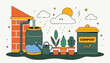 © Bilal - A colorful vector illustration of a rainwater harvesting system with compost bin and potted plants