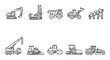 © no one - A clean line art collection of ten distinct construction vehicles and equipment, depicted in black outline on a white background.